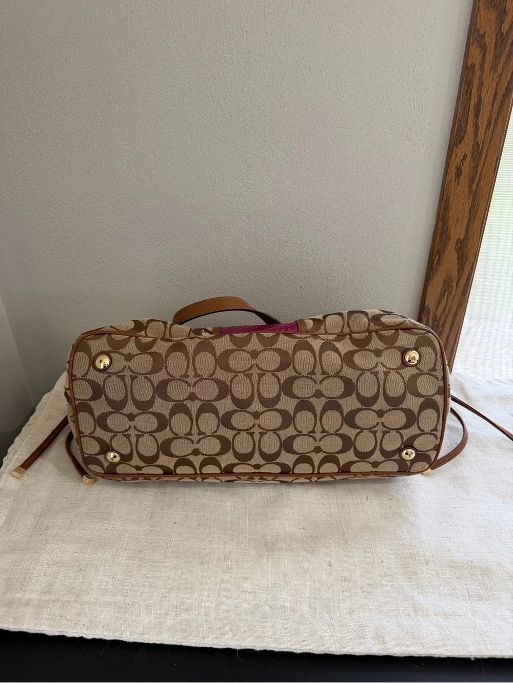 Coach Brown Signature Carryall Drawstring Pink Snakeskin Stripe Bag